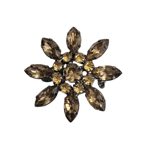 Rhinestone Flower Brooch Pin Champagne Gold Tone Floral Statement Jewelry - Picture 2 of 6